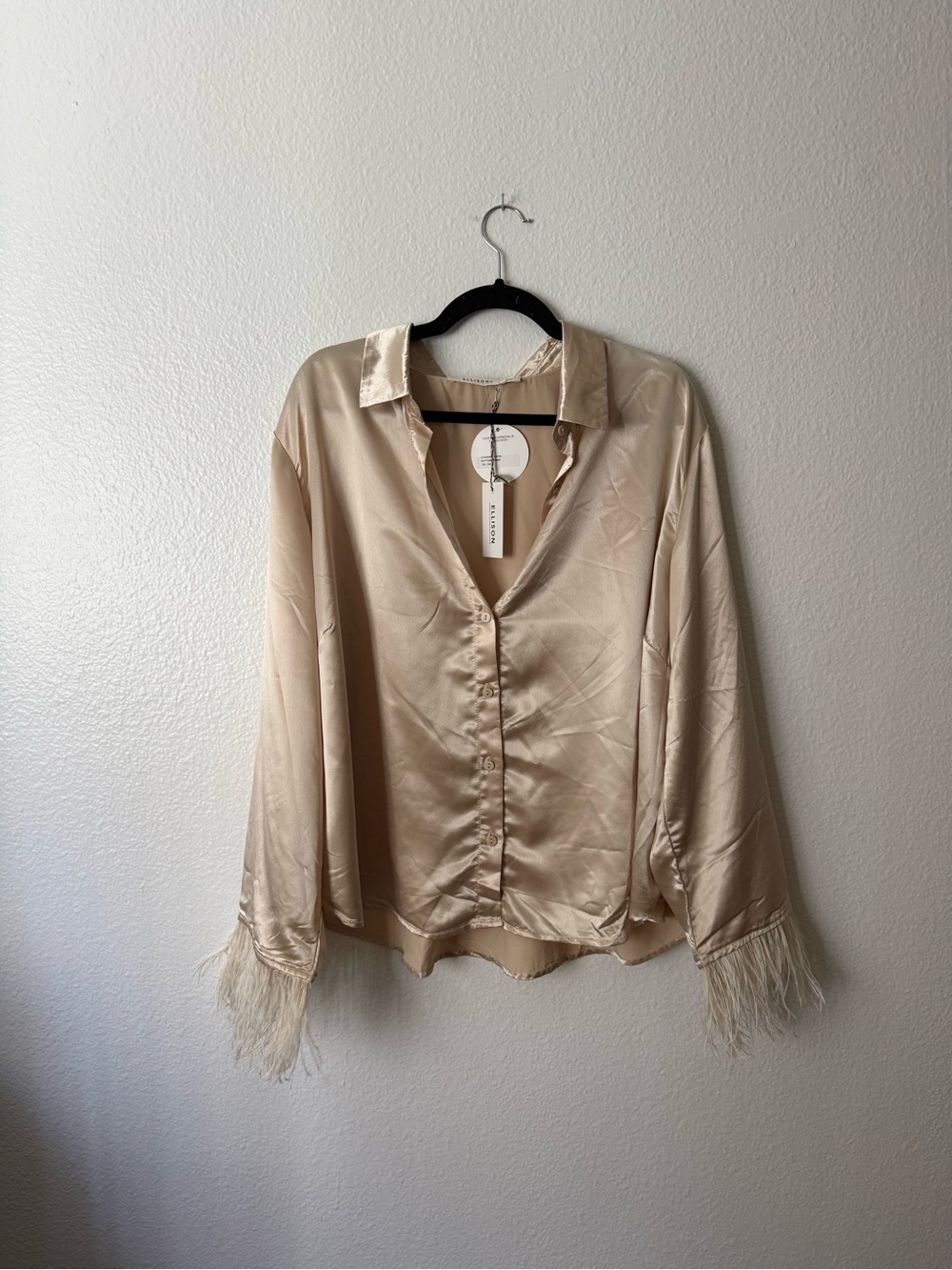 Ellison Satin Feather-Trim Button Front Blouse - Beige
